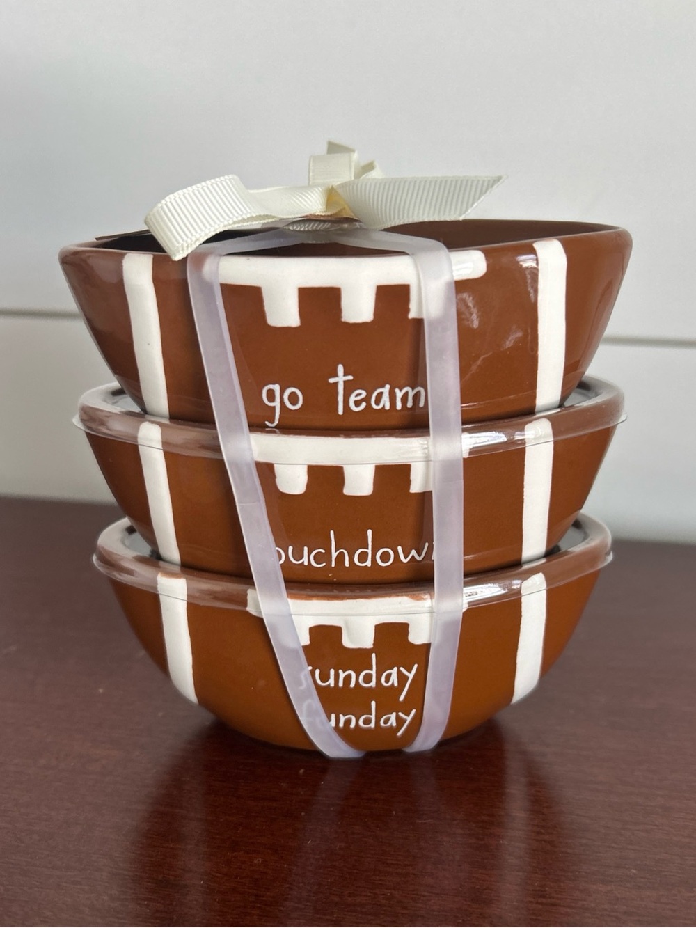 Rae Dunn Brown and White Football Stackable Dip Bowls
